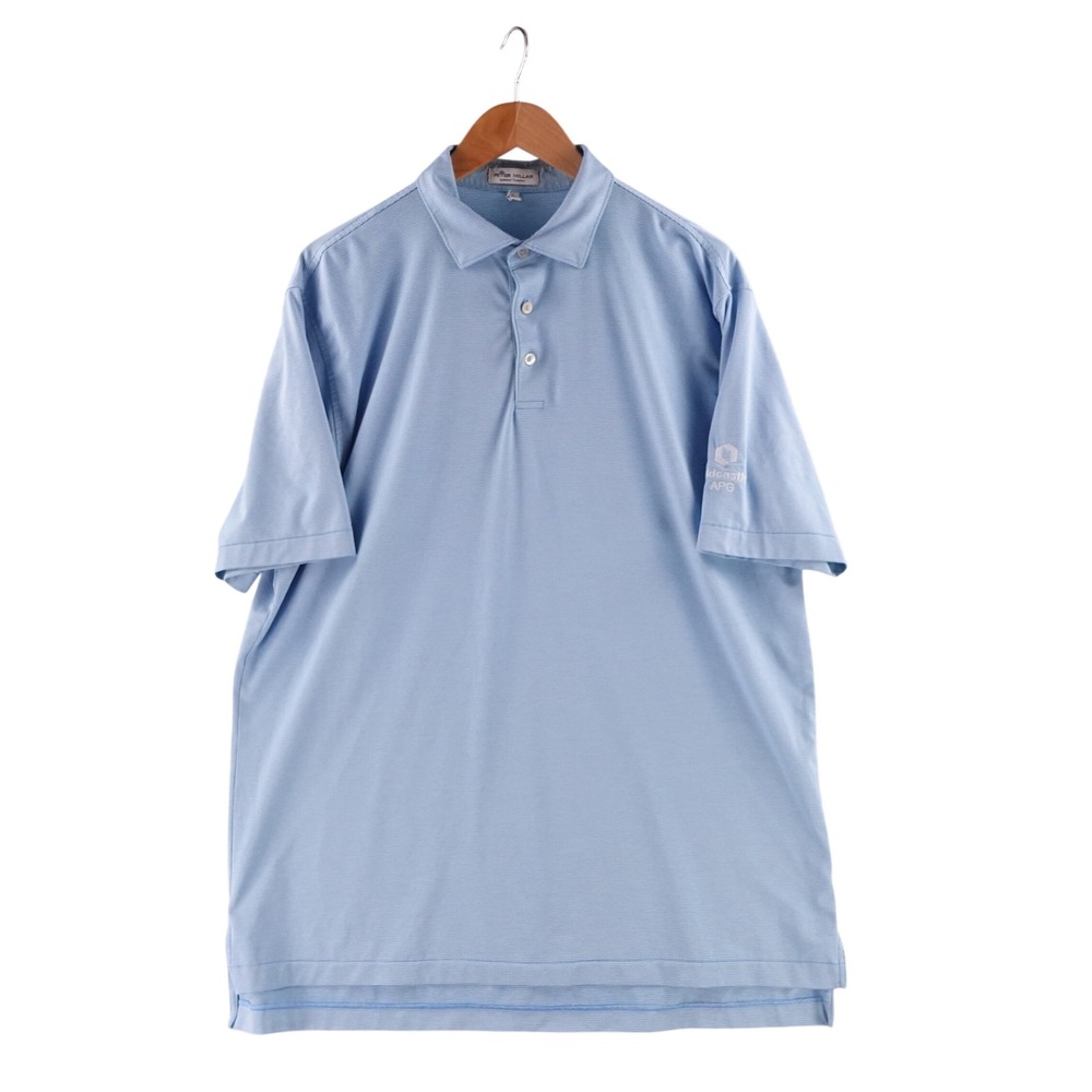 Peter Millar Mens Large Summer Comfort Polo Shirt Blue Stripe Oldcastle APG Logo